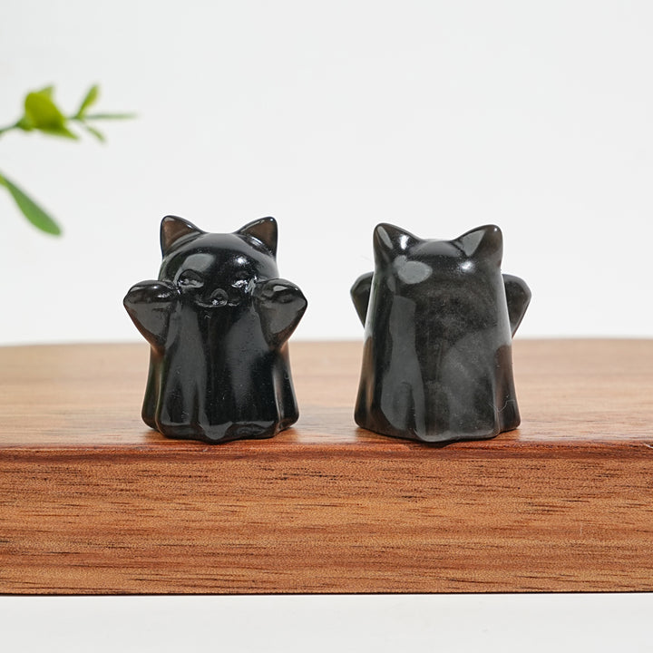 Natural Crystal Cute Carving Silver Obsidian Ghost Cat