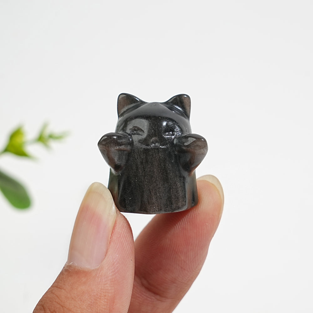 Natural Crystal Cute Carving Silver Obsidian Ghost Cat