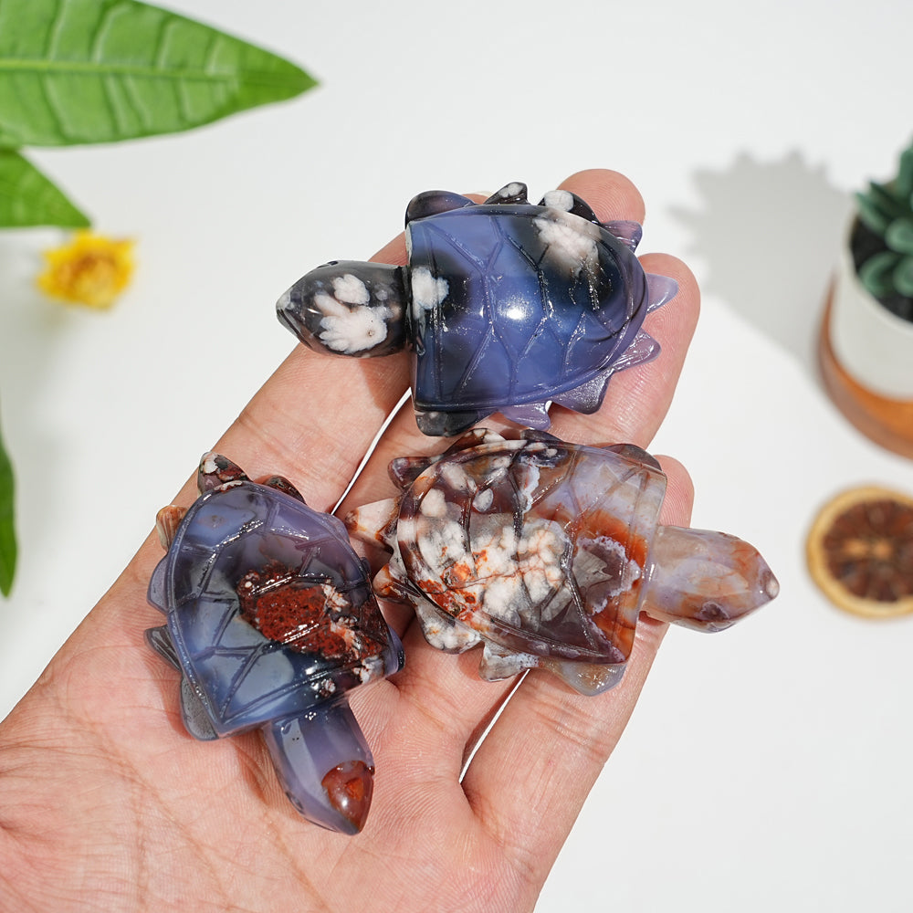 Natural Blue Flower Agate Sea Turtle Carving