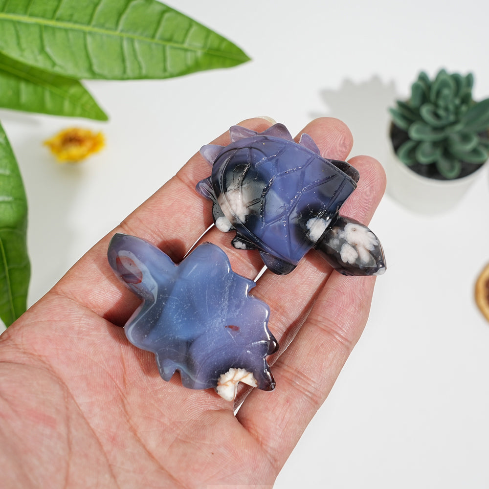 Natural Blue Flower Agate Sea Turtle Carving