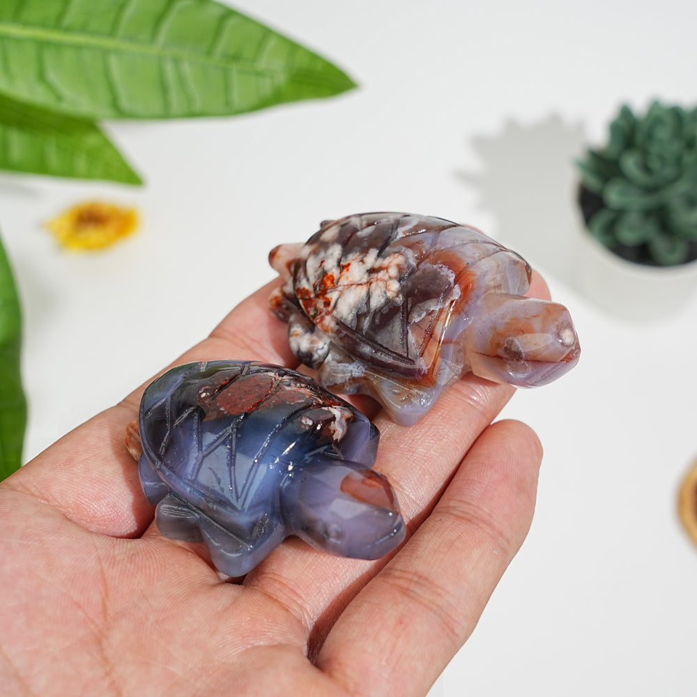 Natural Blue Flower Agate Sea Turtle Carving