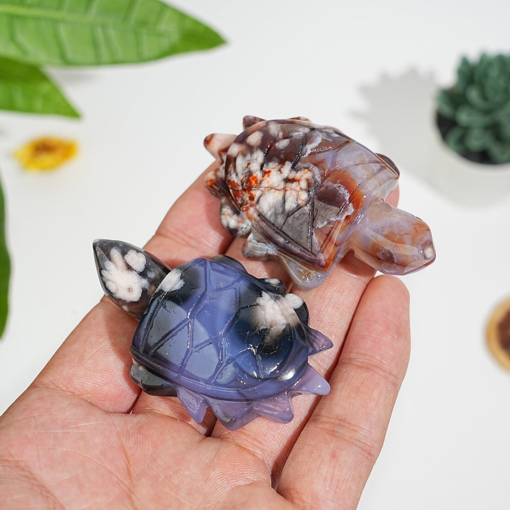 Natural Blue Flower Agate Sea Turtle Carving