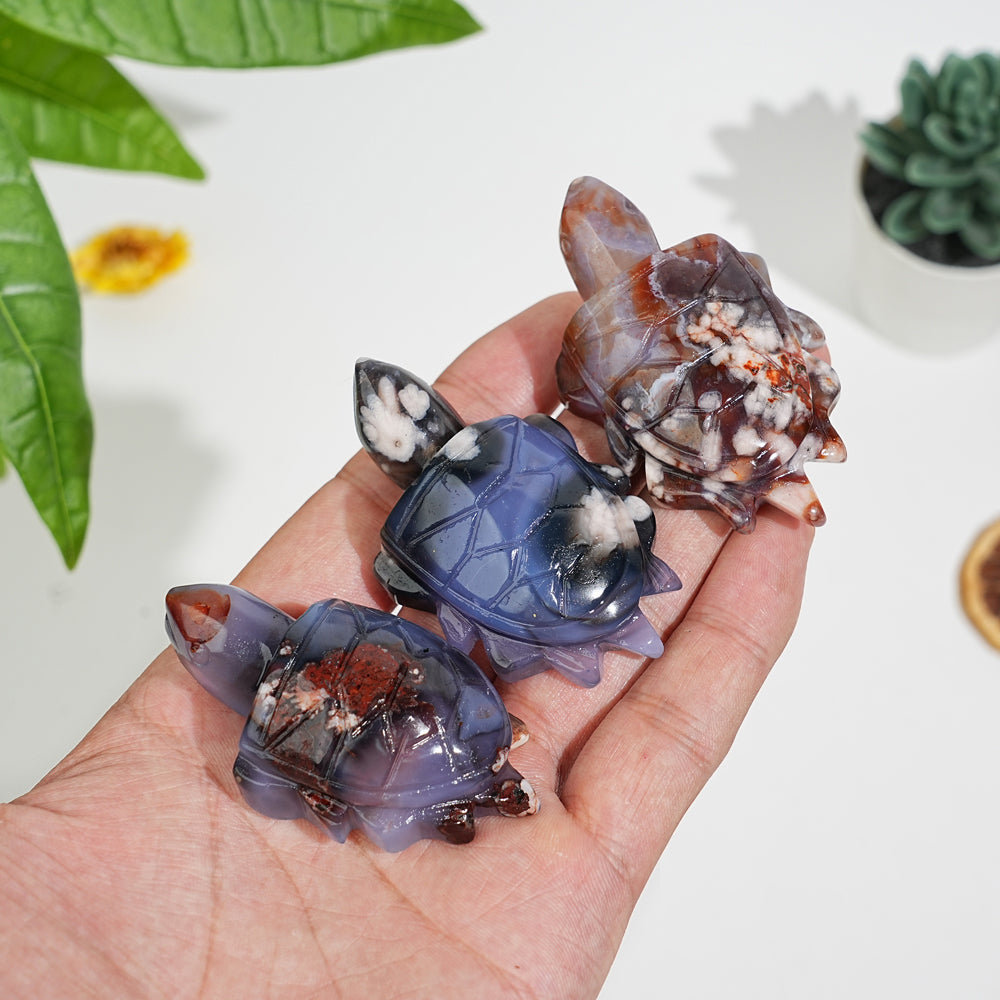 Natural Blue Flower Agate Sea Turtle Carving