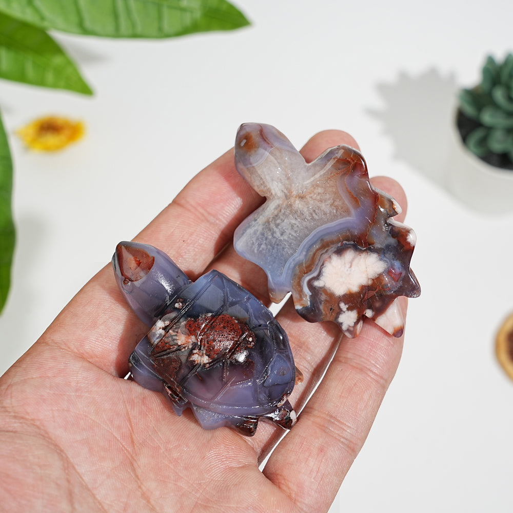 Natural Blue Flower Agate Sea Turtle Carving