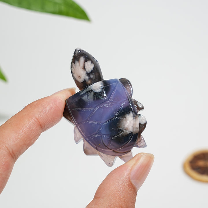 Natural Blue Flower Agate Sea Turtle Carving