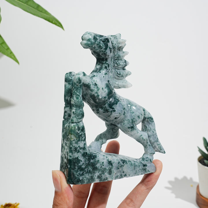 Unique,Natural Moss Agate Galloping Horse Carving