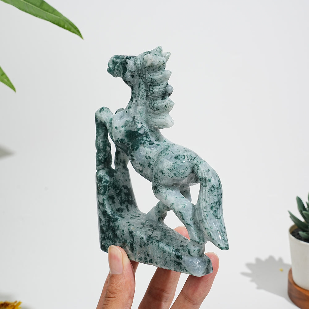 Unique,Natural Moss Agate Galloping Horse Carving