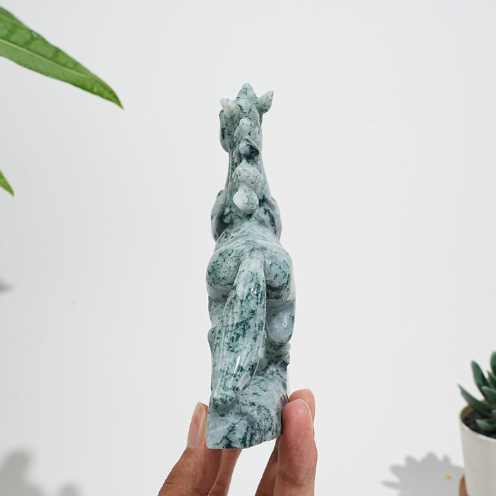 Unique,Natural Moss Agate Galloping Horse Carving