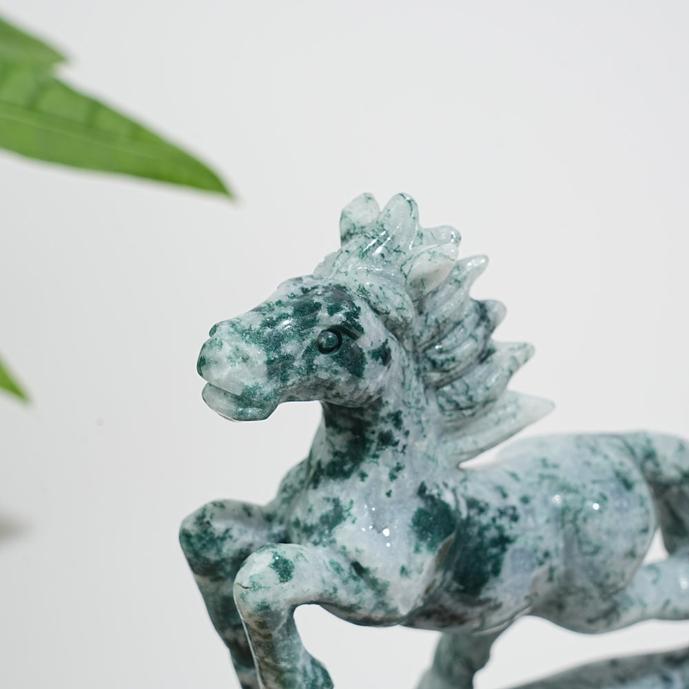 Unique,Natural Moss Agate Galloping Horse Carving