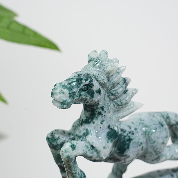 Unique,Natural Moss Agate Galloping Horse Carving