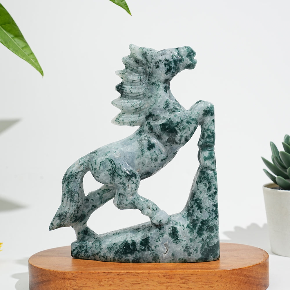 Unique,Natural Moss Agate Galloping Horse Carving
