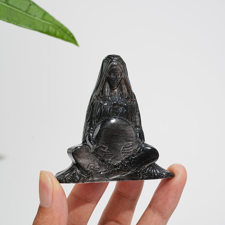 Natural Crystal Silver Obsidian Mother Earth Carving