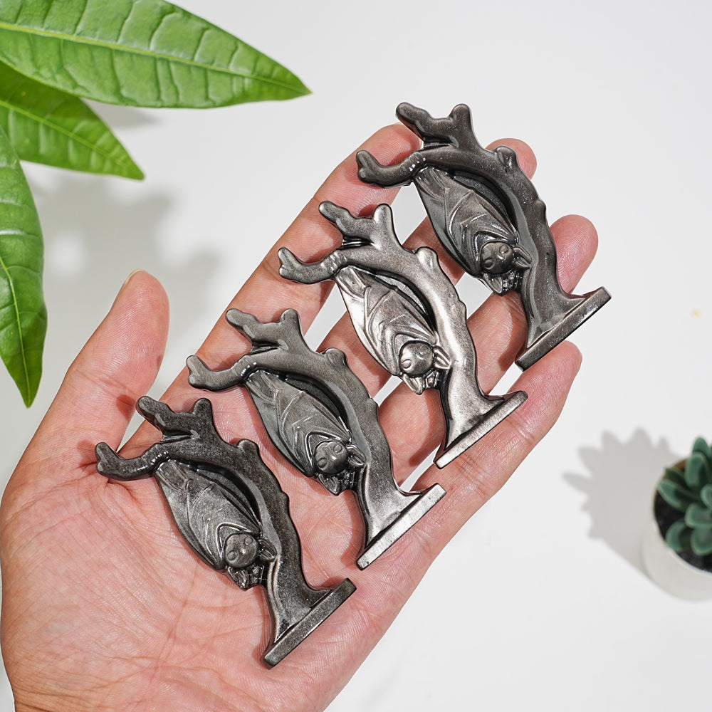 Natural Crystal Silver Obsidian Upside-Down Bat On Branch Carving