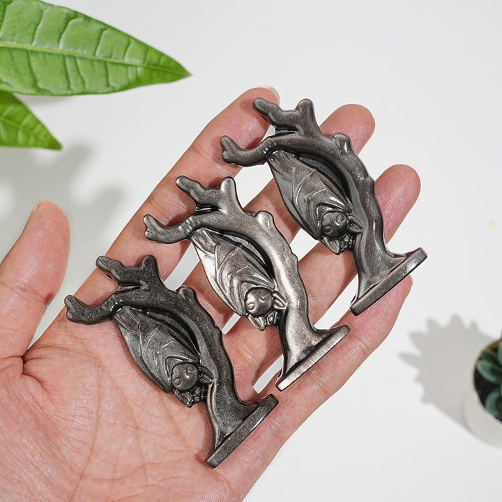 Natural Crystal Silver Obsidian Upside-Down Bat On Branch Carving