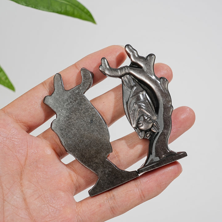 Natural Crystal Silver Obsidian Upside-Down Bat On Branch Carving