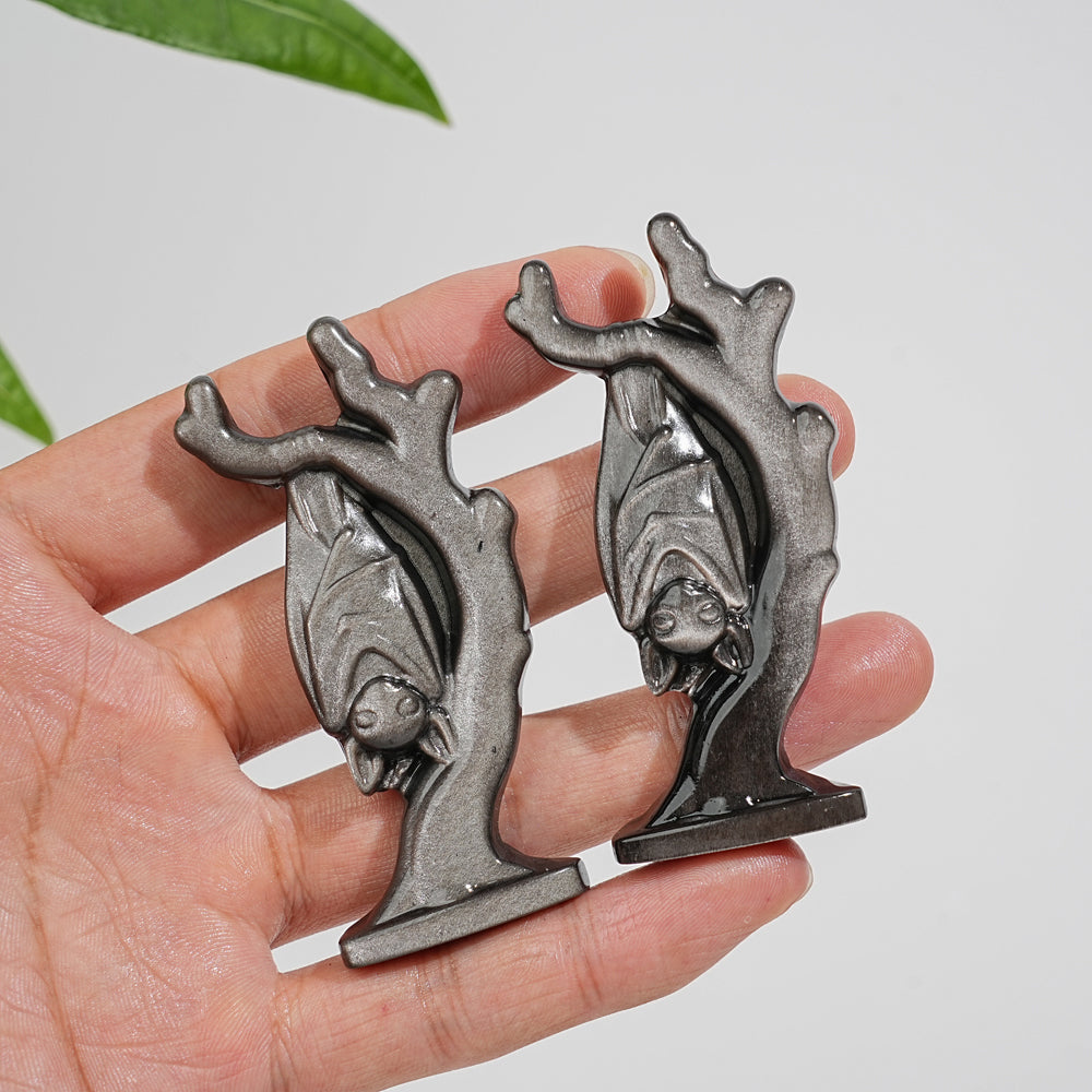 Natural Crystal Silver Obsidian Upside-Down Bat On Branch Carving
