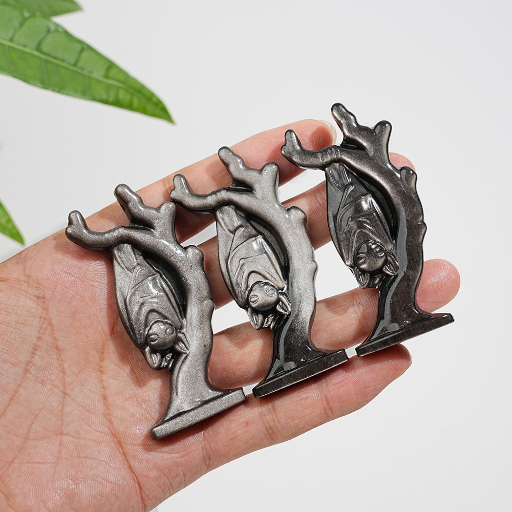 Natural Crystal Silver Obsidian Upside-Down Bat On Branch Carving