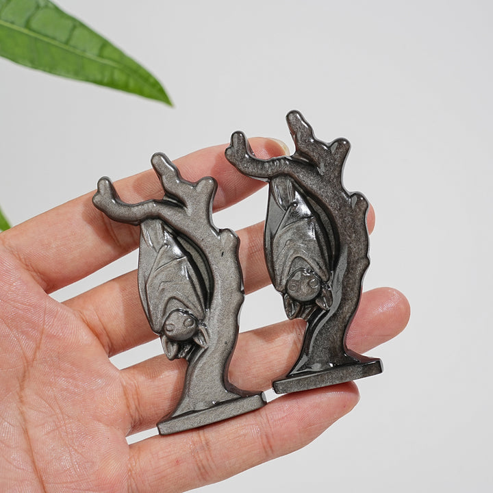 Natural Crystal Silver Obsidian Upside-Down Bat On Branch Carving