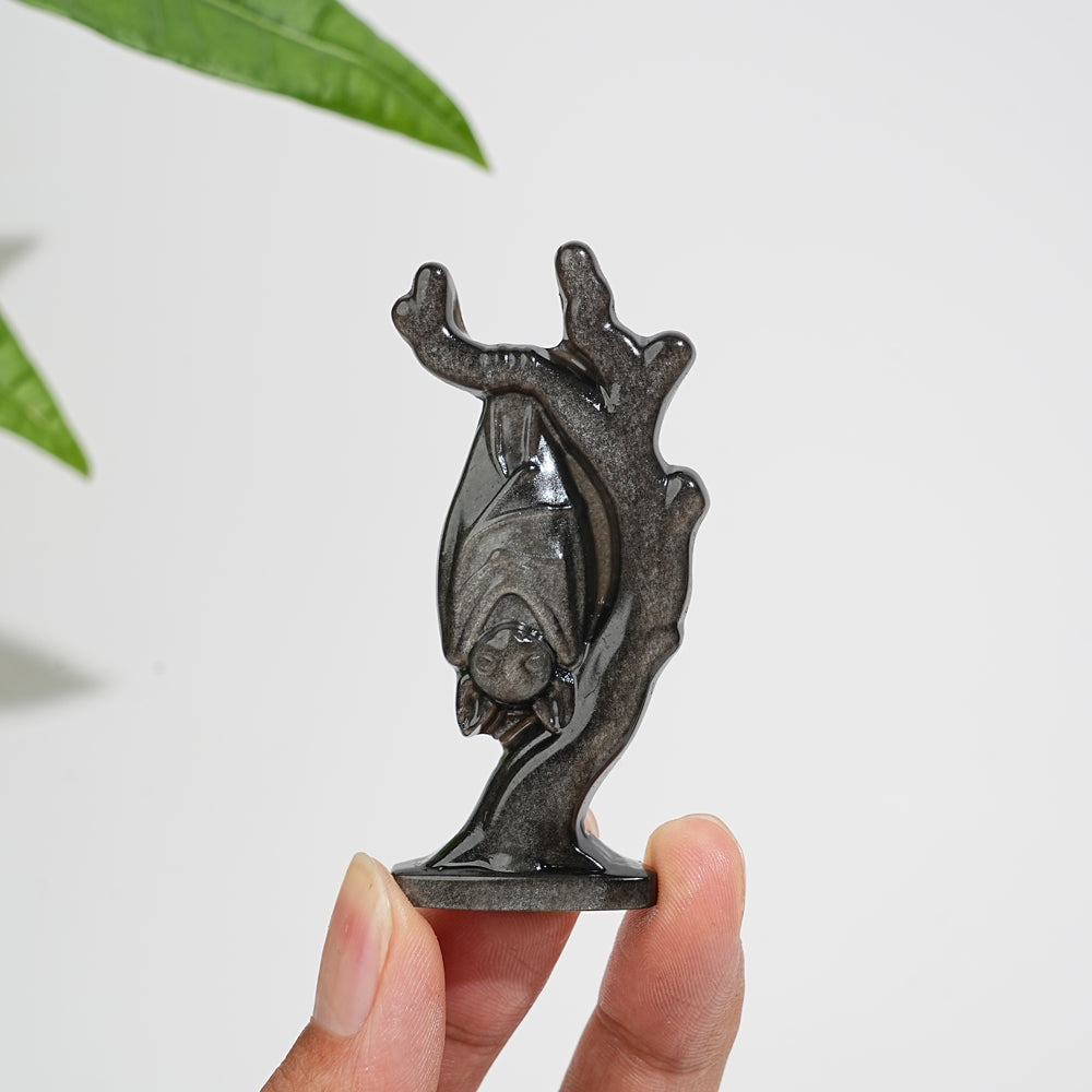 Natural Crystal Silver Obsidian Upside-Down Bat On Branch Carving