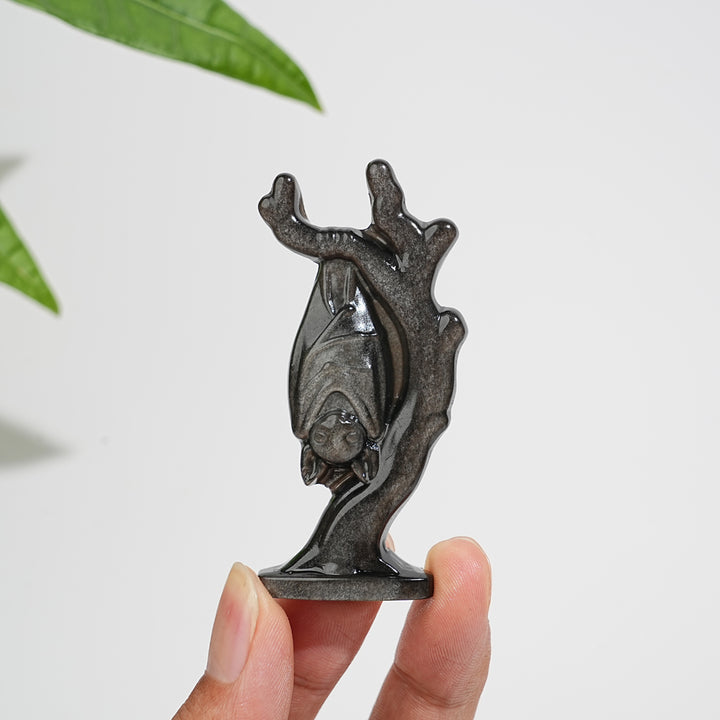 Natural Crystal Silver Obsidian Upside-Down Bat On Branch Carving