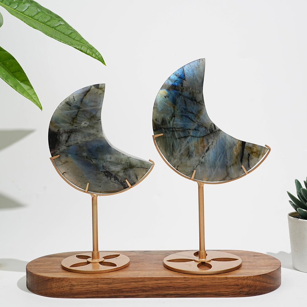 Unique,Natural Labradorite Crystal Moon With Stand