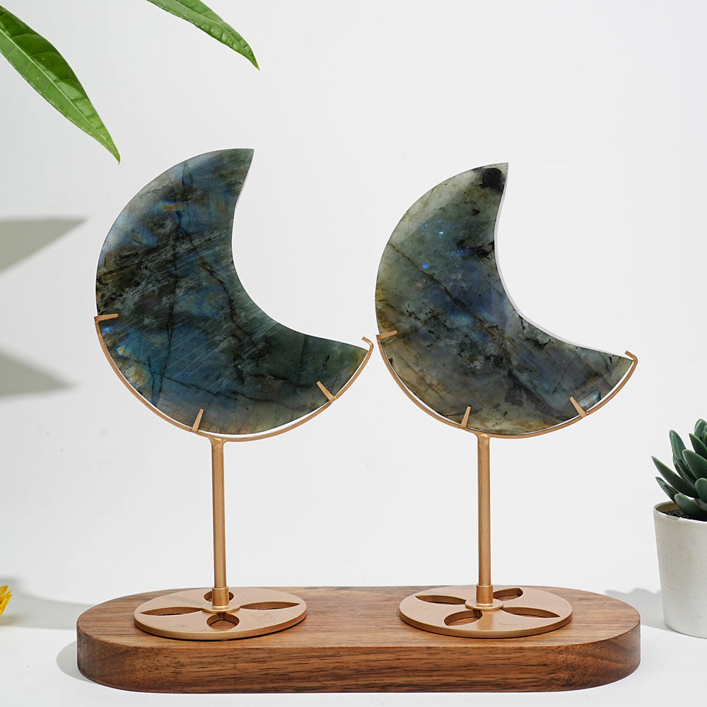 Unique,Natural Labradorite Crystal Moon With Stand