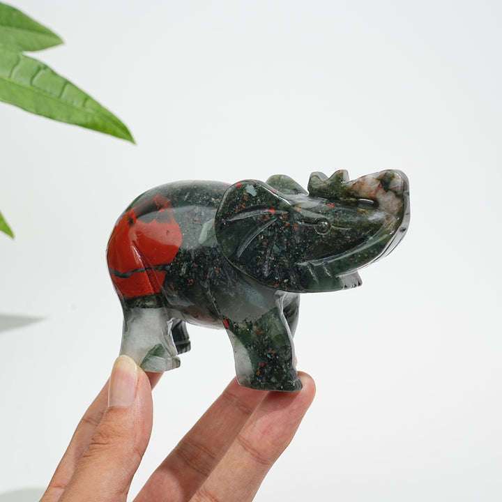 Unique,Natural Crystal African Bloodstone Upturned Trunk Elephant Carving