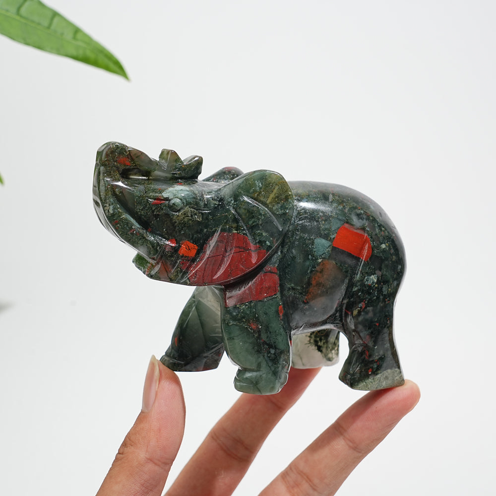 Unique,Natural Crystal African Bloodstone Upturned Trunk Elephant Carving