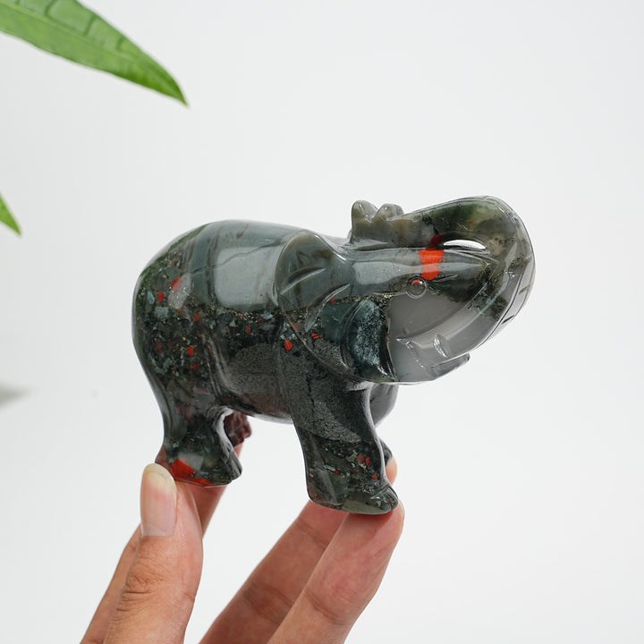 Unique,Natural Crystal African Bloodstone Upturned Trunk Elephant Carving