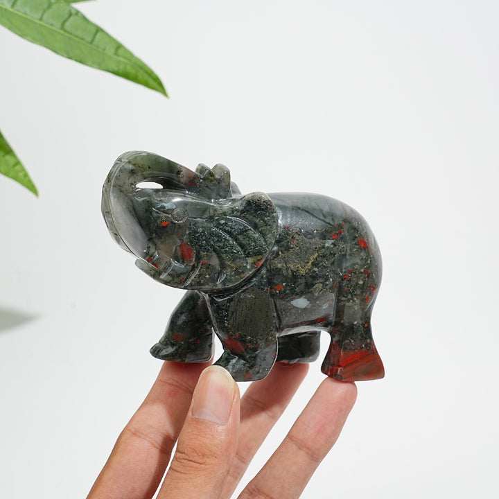 Unique,Natural Crystal African Bloodstone Upturned Trunk Elephant Carving