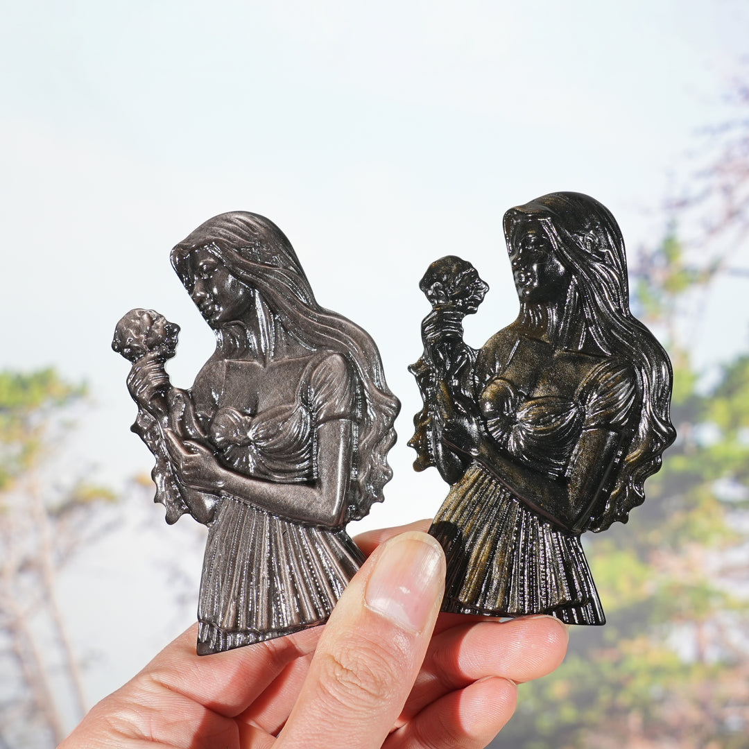 Natural Rose-Holding Maiden Figurine