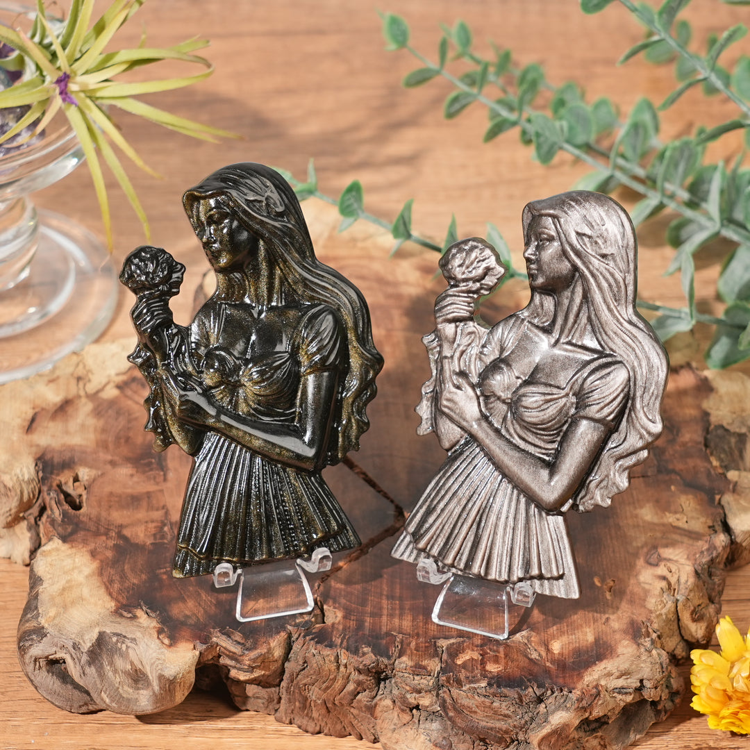 Natural Rose-Holding Maiden Figurine