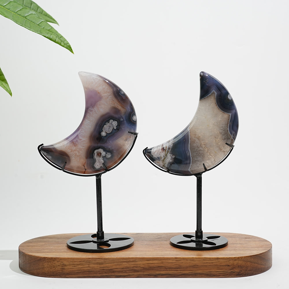 Unique,Natural Crystal Blue Flower Agate Moon With Stand