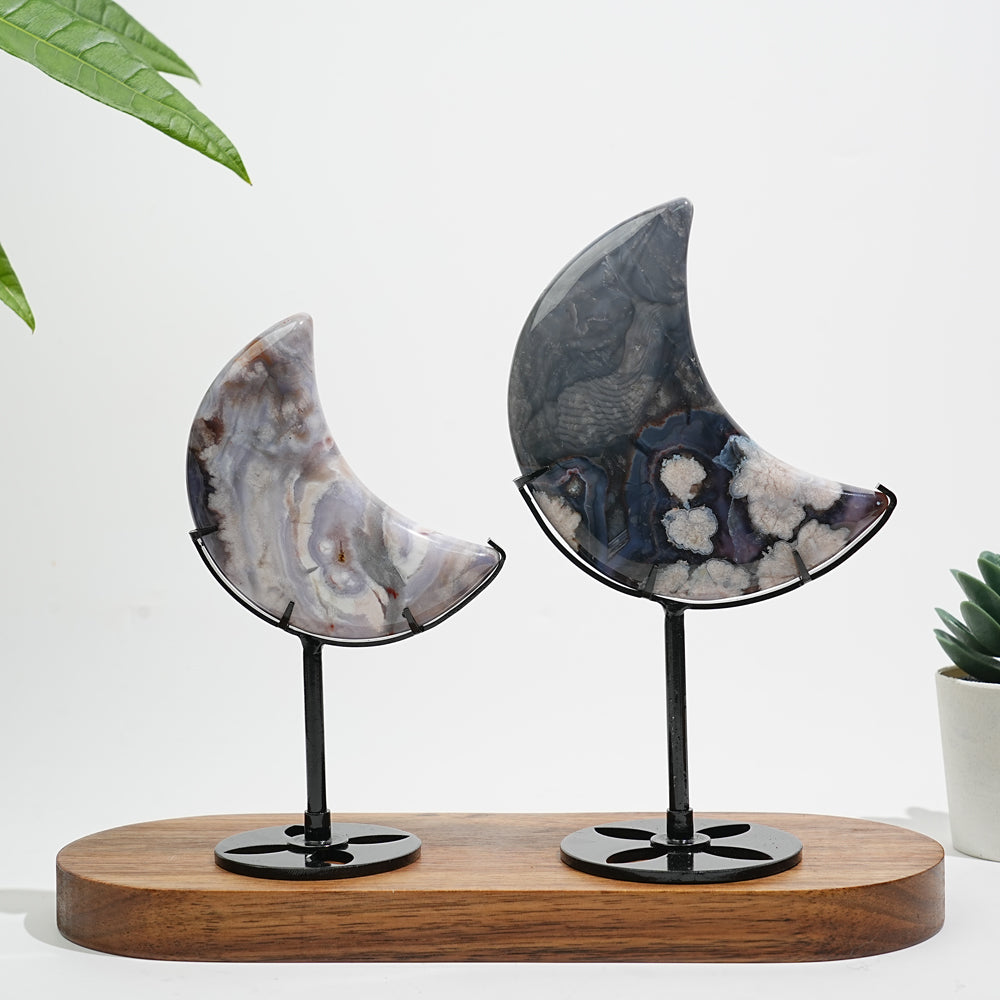 Unique,Natural Crystal Blue Flower Agate Moon With Stand