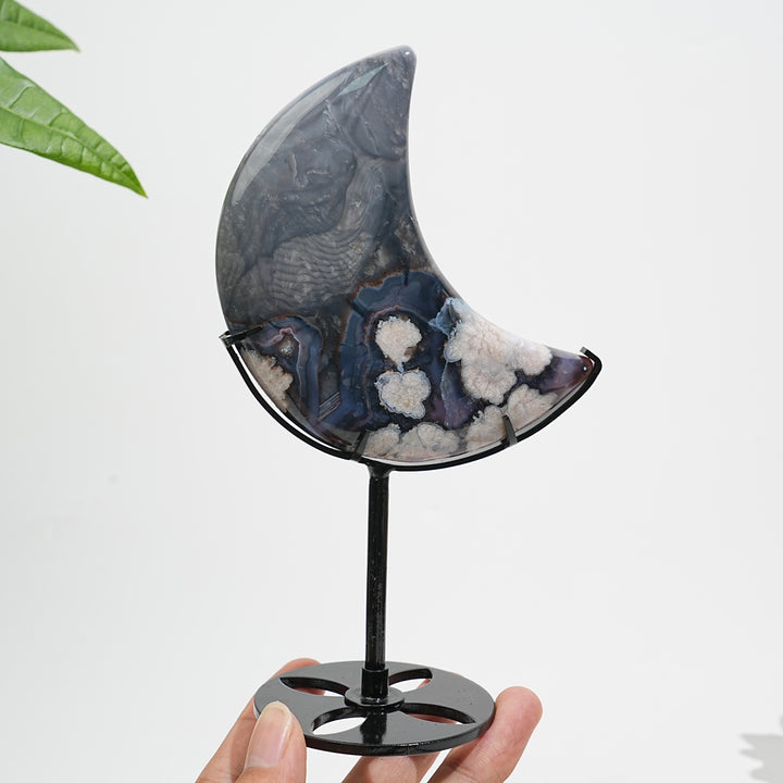 Unique,Natural Crystal Blue Flower Agate Moon With Stand