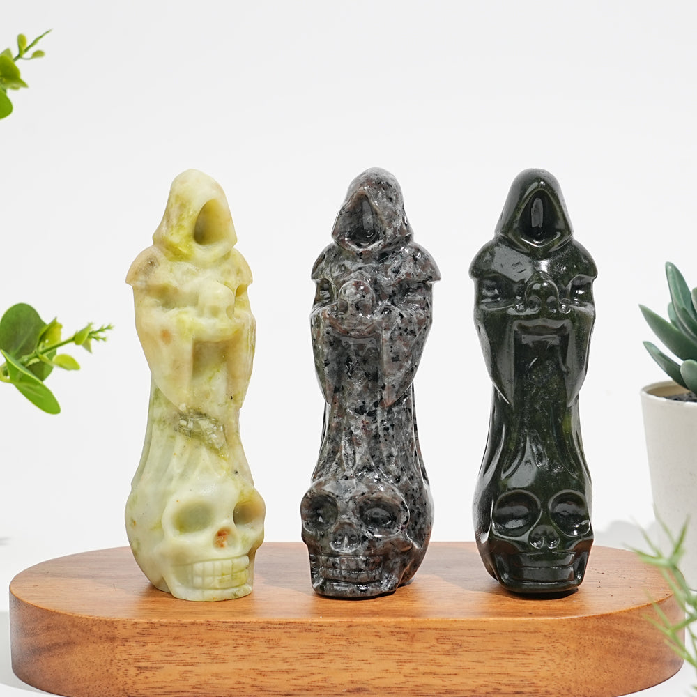 Natural Crystal Standing Grim Reaper Skull Carving