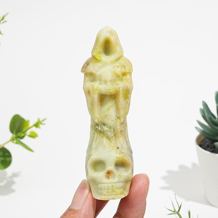 Natural Crystal Standing Grim Reaper Skull Carving