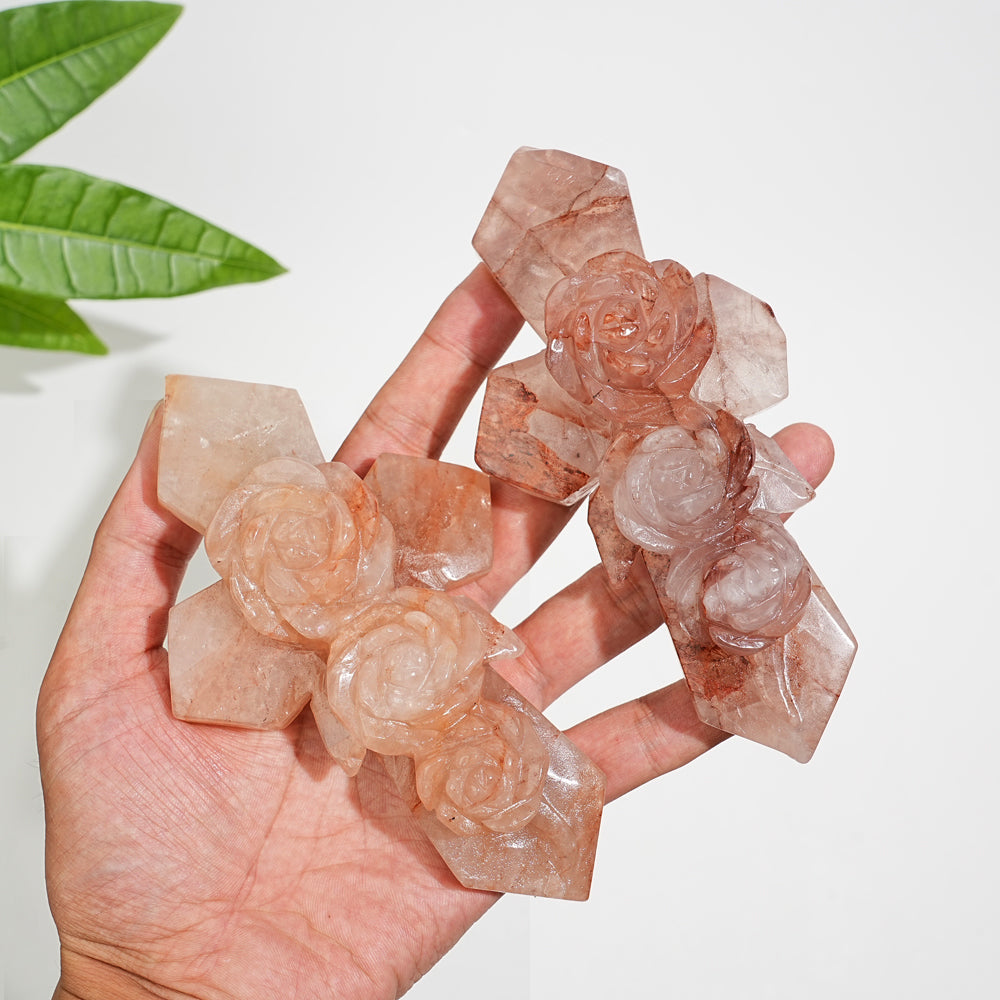 Natural Fire Quartz Flower Cross Carving