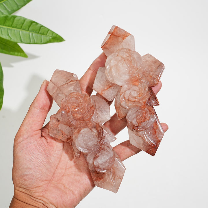 Natural Fire Quartz Flower Cross Carving