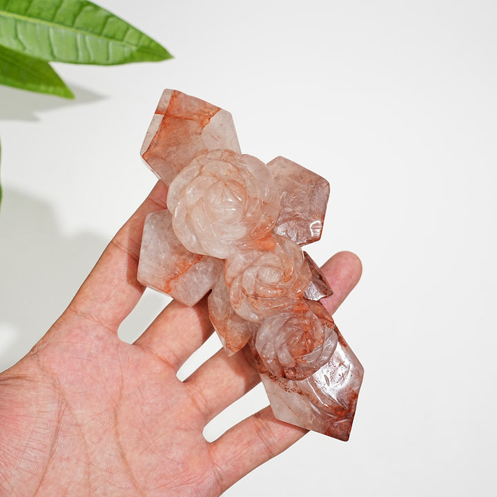 Natural Fire Quartz Flower Cross Carving