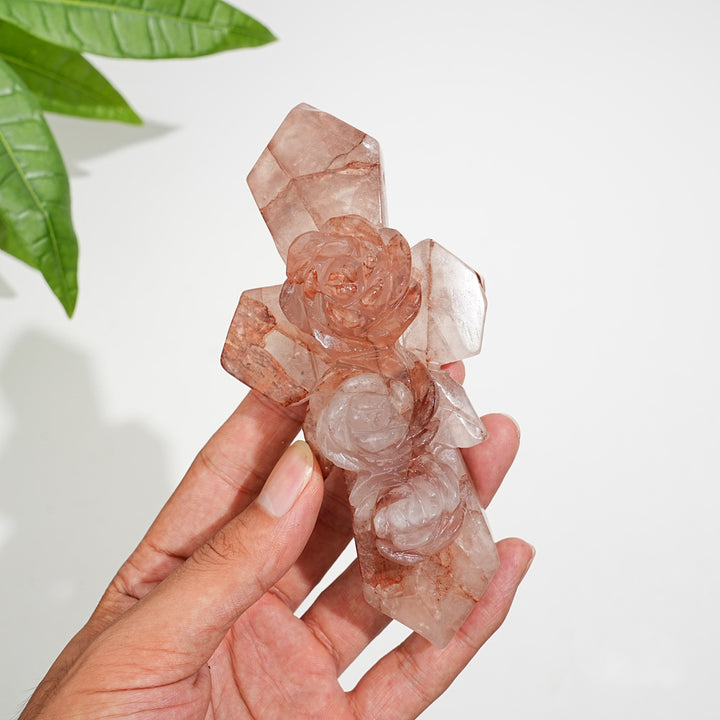Natural Fire Quartz Flower Cross Carving