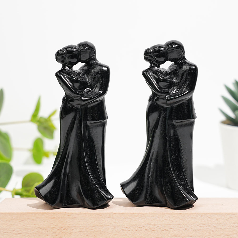 Natural Crystal Black Obsidian Embracing Couple