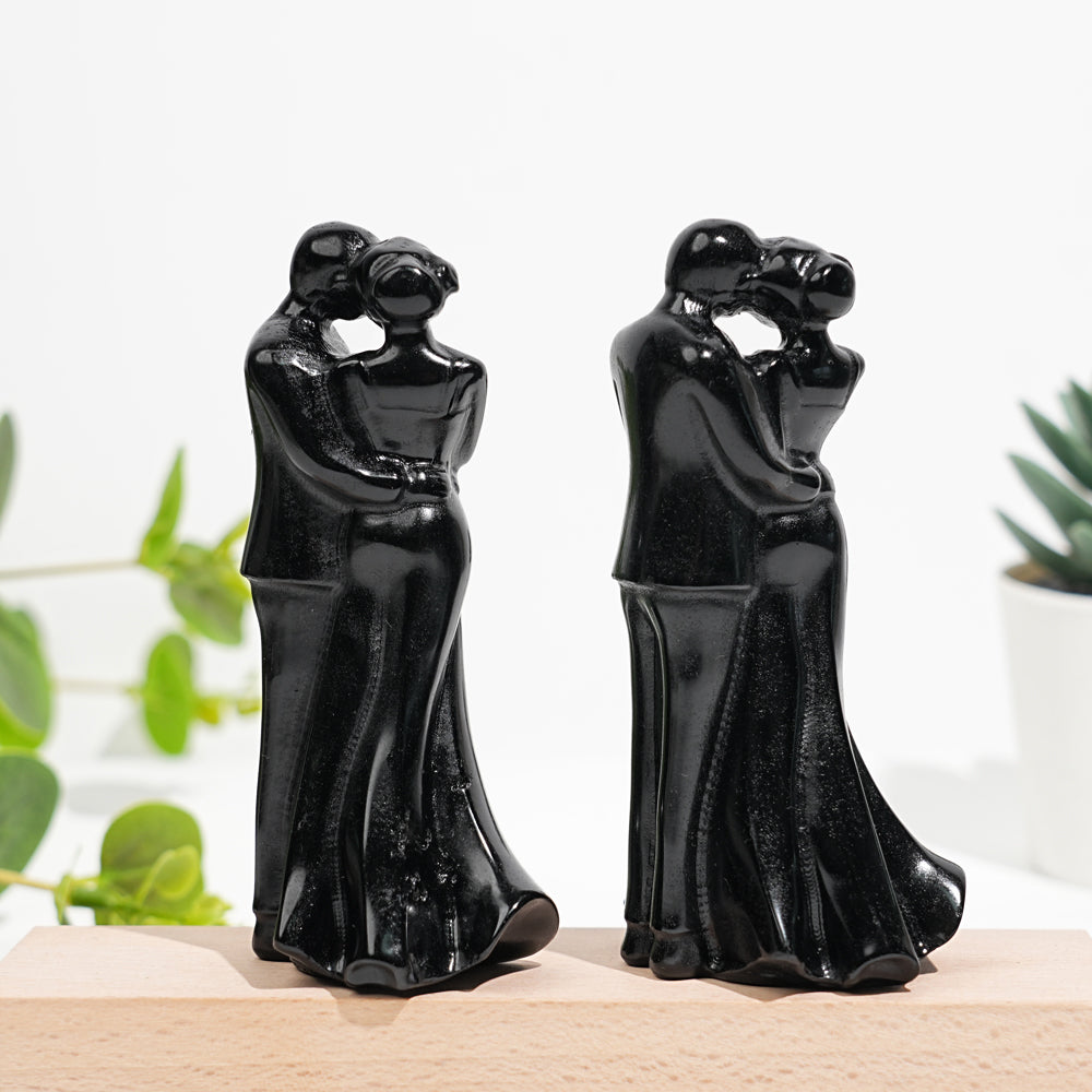 Natural Crystal Black Obsidian Embracing Couple