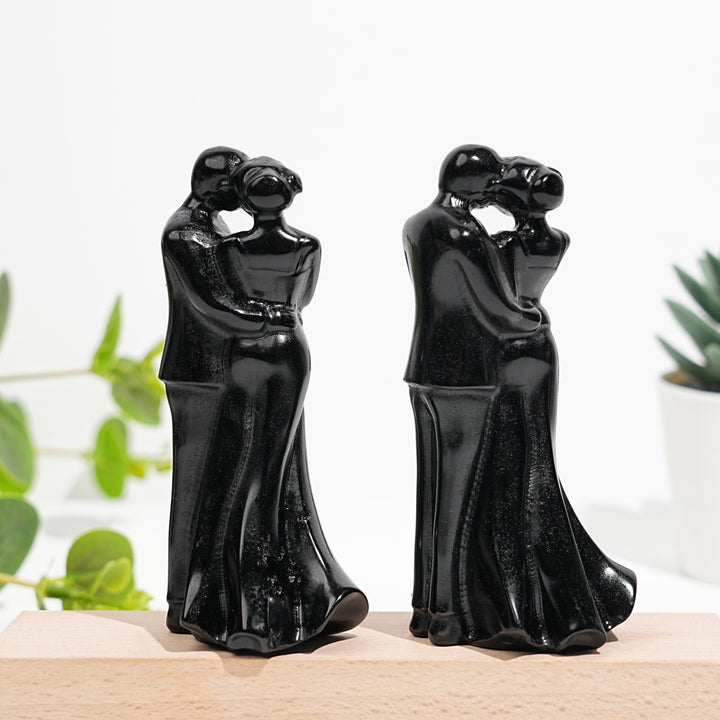 Natural Crystal Black Obsidian Embracing Couple