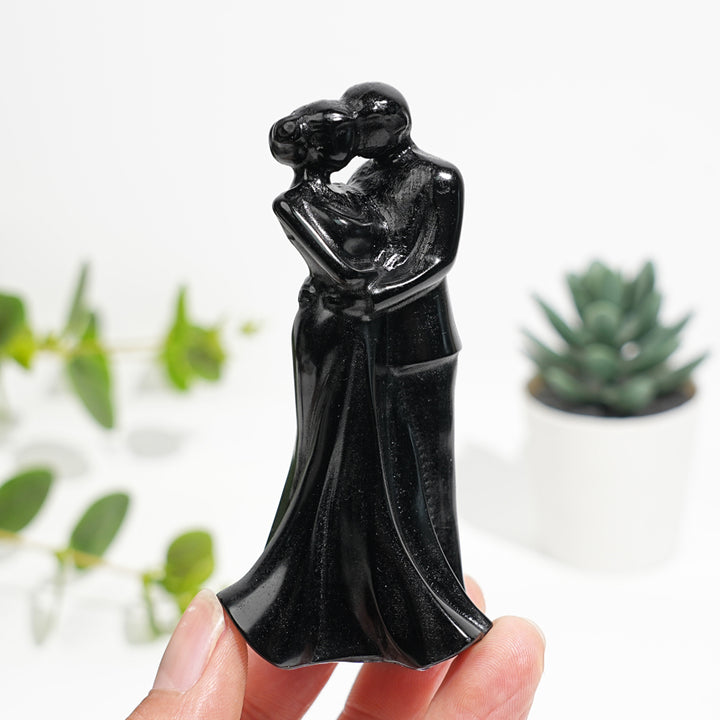 Natural Crystal Black Obsidian Embracing Couple