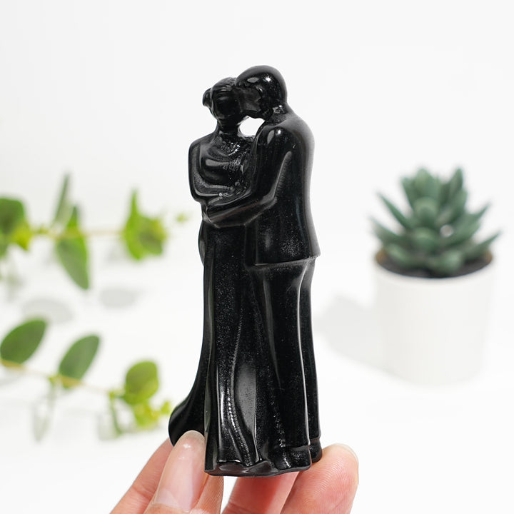 Natural Crystal Black Obsidian Embracing Couple