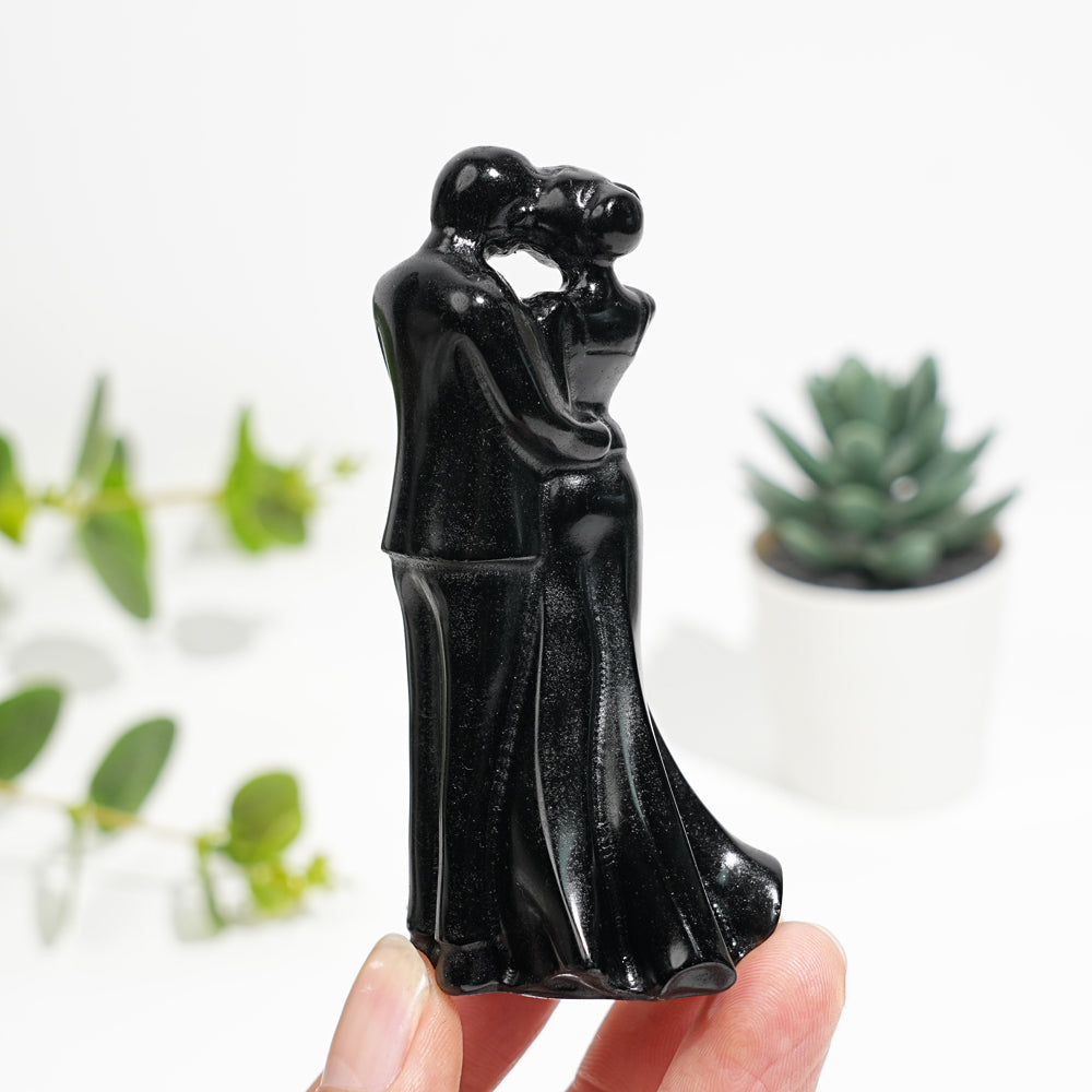 Natural Crystal Black Obsidian Embracing Couple