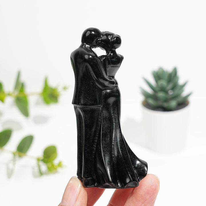 Natural Crystal Black Obsidian Embracing Couple