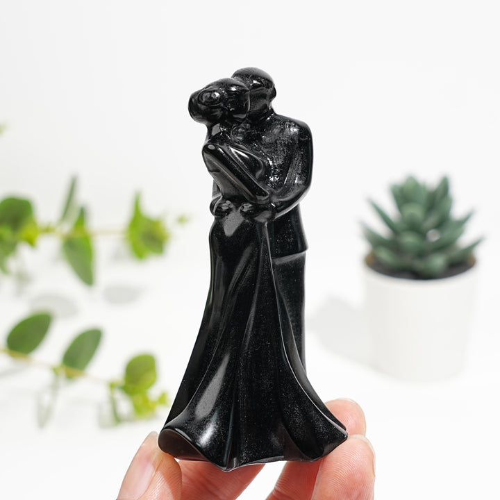 Natural Crystal Black Obsidian Embracing Couple