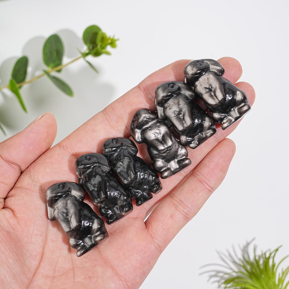 Natural Crystal Carving Silver Obsidian Lop Eared Rabbit